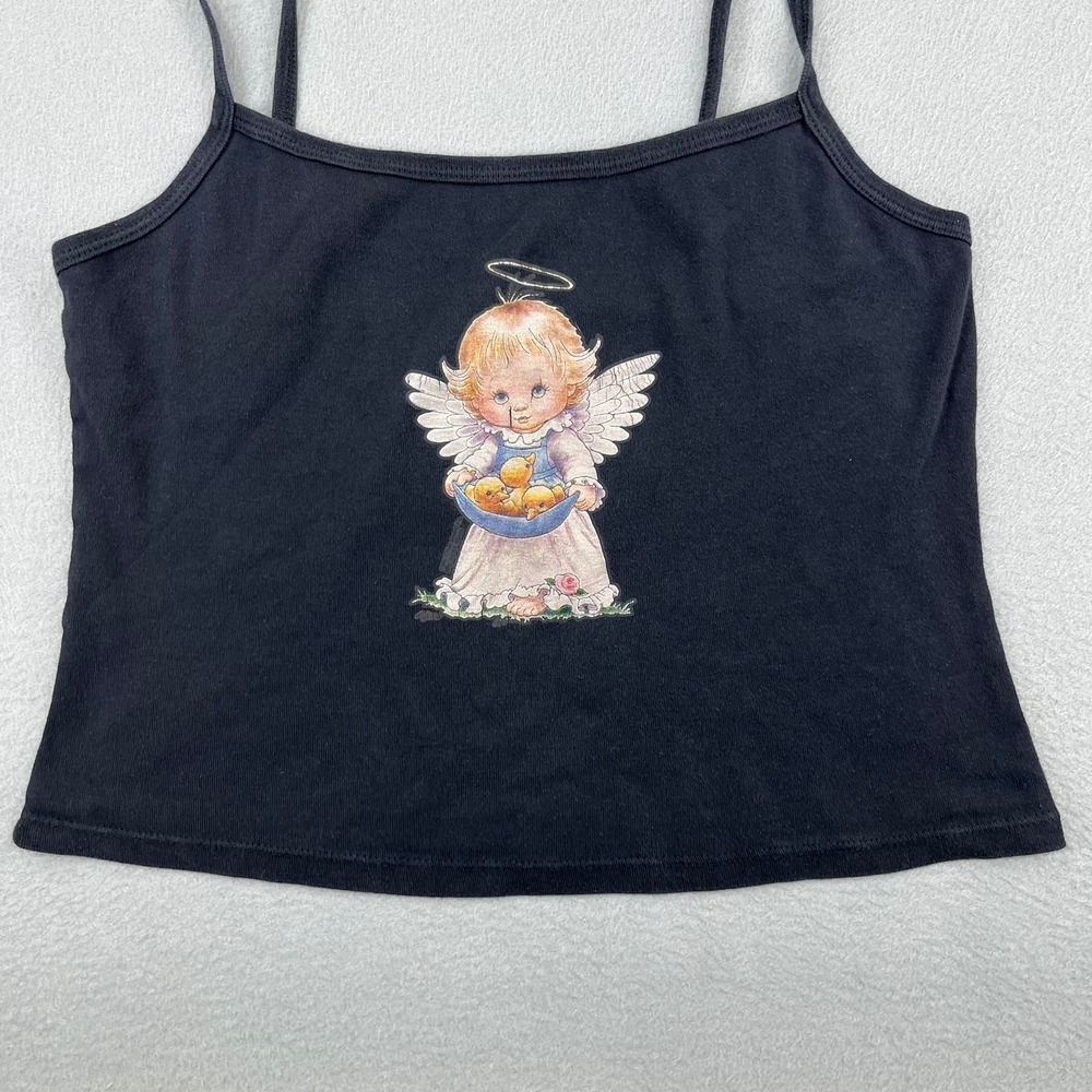 Vintage Y2K Black Cherub Angel Graphic Camisole Spaghetti Strap Tank Top XL - Picture 3 of 11